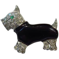 Classic Diamond Onyx Emerald Gold Scottie Dog Pin