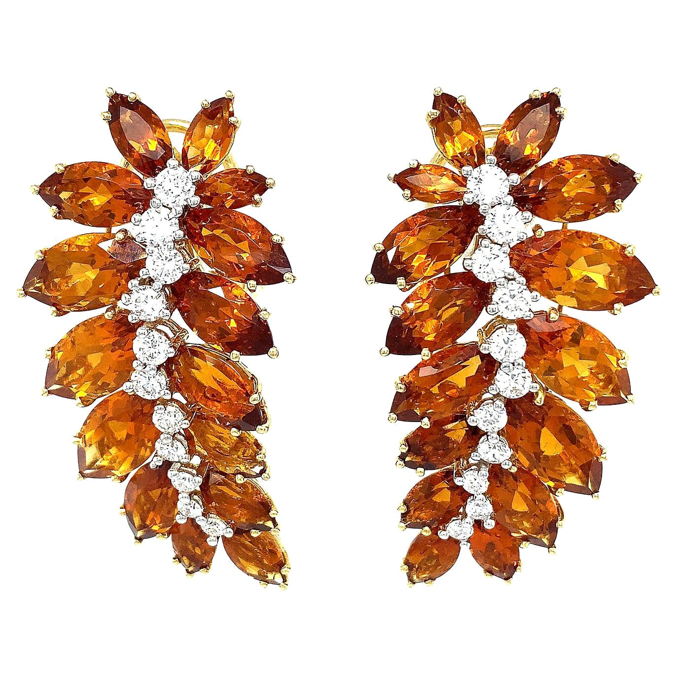 18K Yellow Gold Marquise Madeira Citrine Diamond Leaf Earrings For Sale