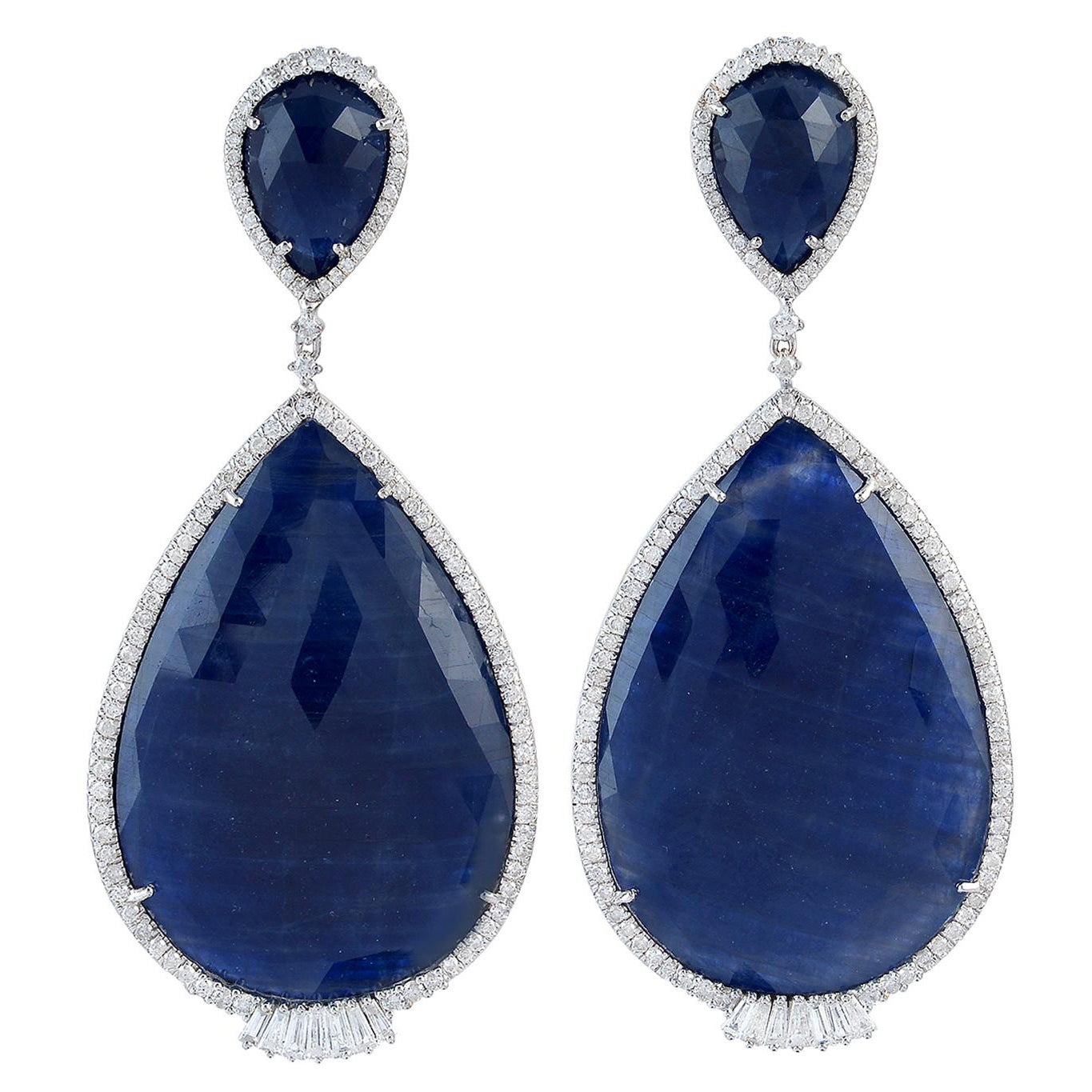 Pear Shaped Sliced Blue Sapphire Earring with Diamonds Made in 18k Gold For Sale