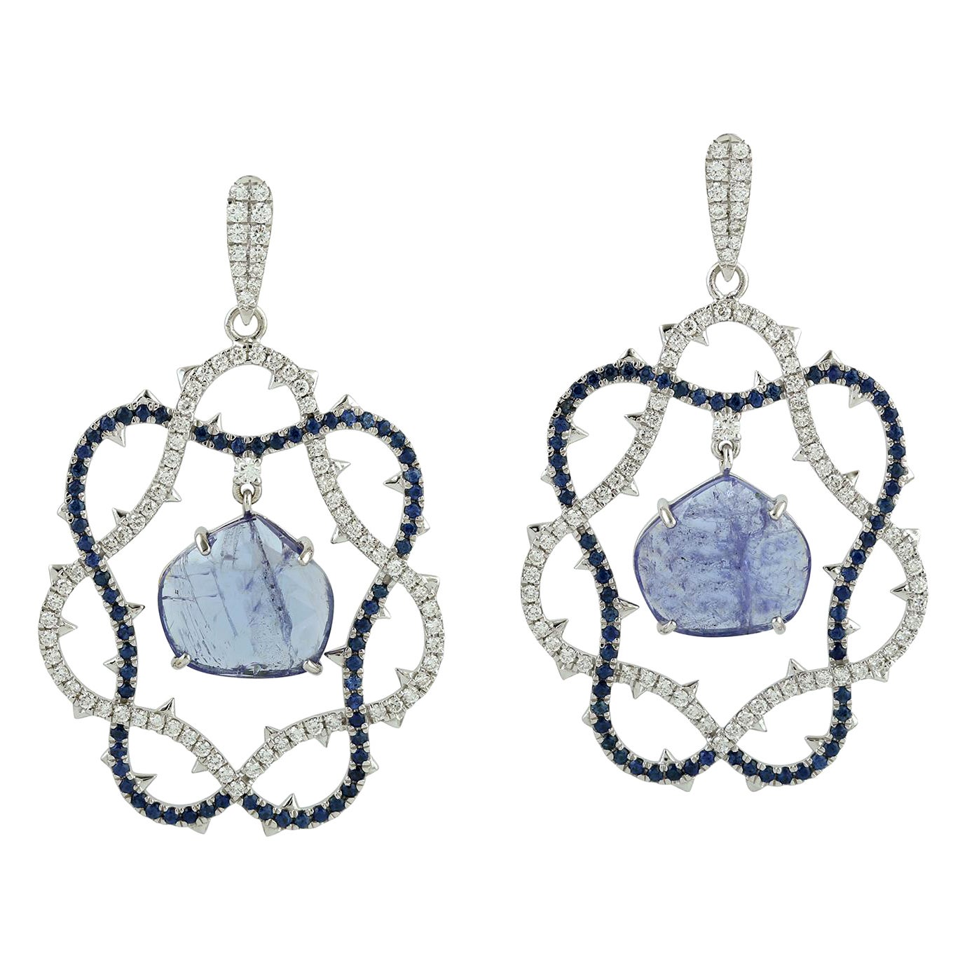 Center Stone Tanzanite Dangle Earring with Sapphire & Diamonds in 18k White Gold For Sale