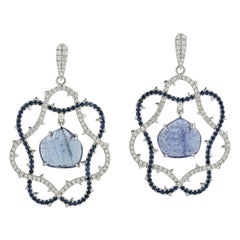 Center Stone Tanzanite Dangle Earring with Sapphire & Diamonds in 18k White Gold