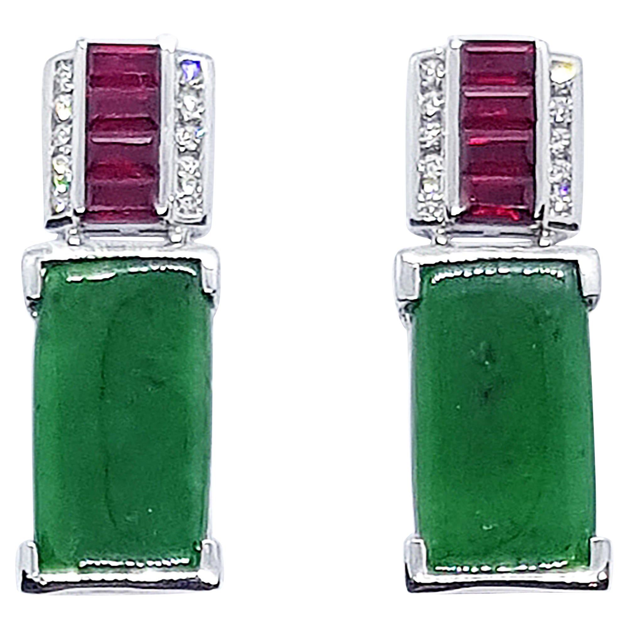 Jade with Ruby and Diamond Earrings set in 18 Karat White Gold Settings For Sale