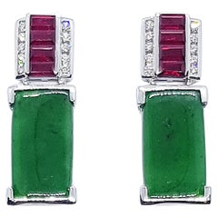 Jade with Ruby and Diamond Earrings set in 18 Karat White Gold Settings