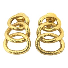 David Webb Gold Hammered Triple Hoop Clip-On Earrings