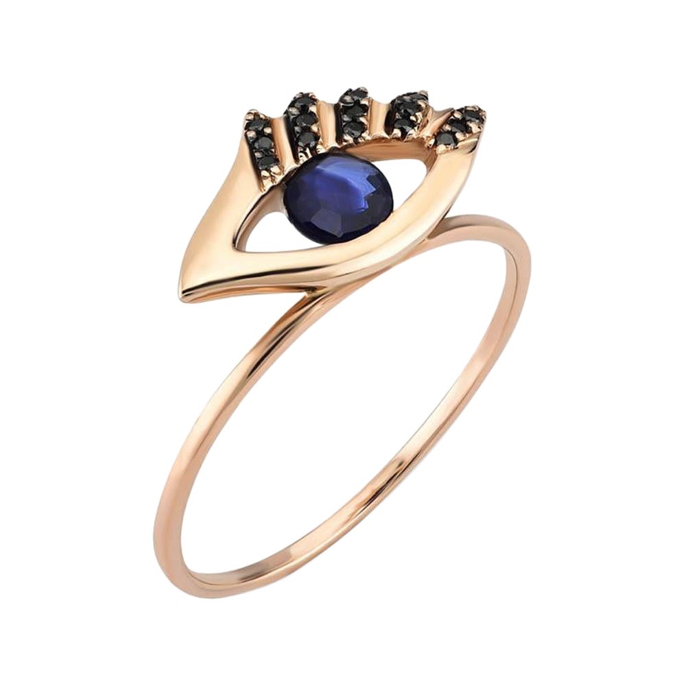 Sapphire Stone and Black Diamond Eye Ring in Rose Gold by Selda Jewellery