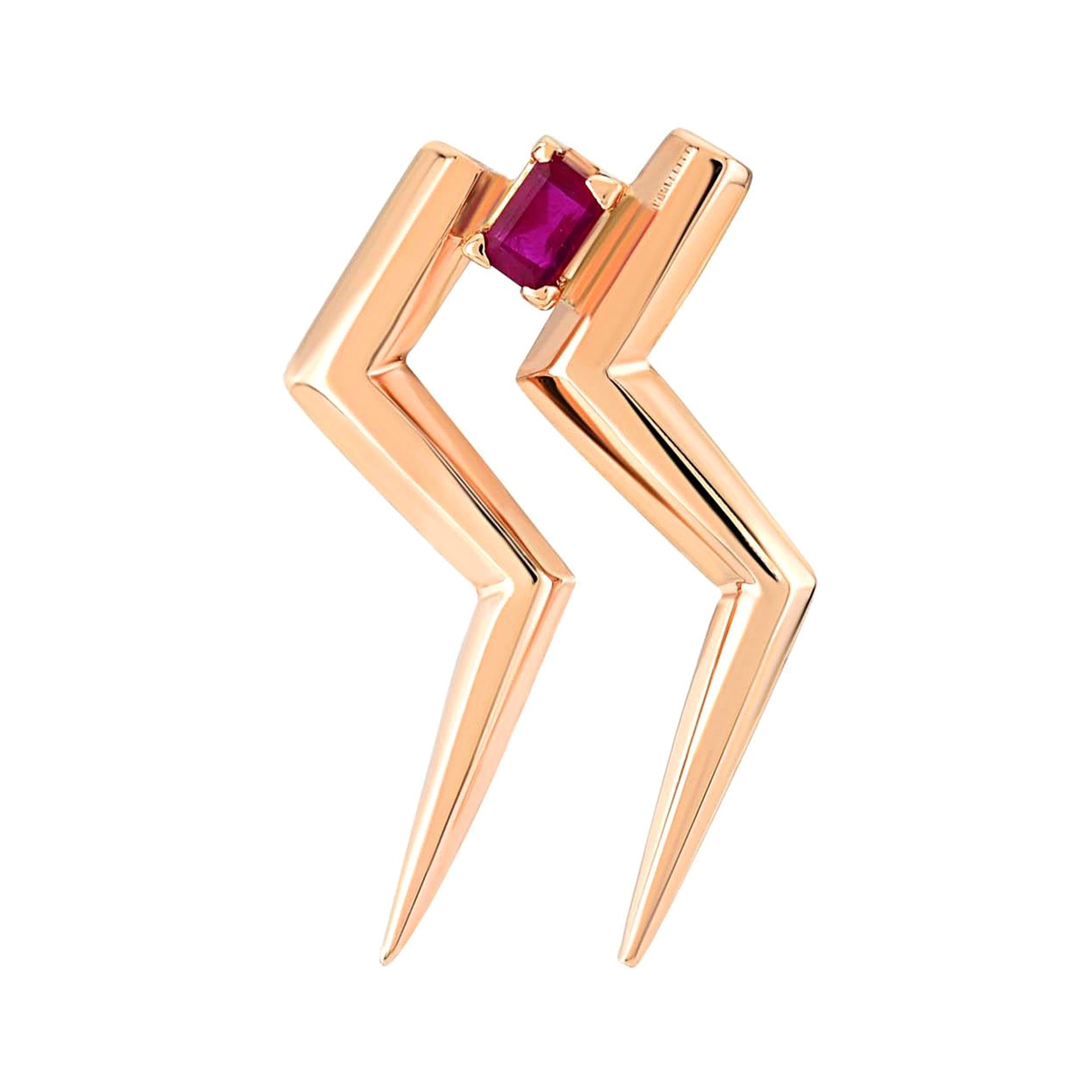 Ruby Double Sided Lightning 14k Rose Gold Earring 'Single' by Selda Jewellery For Sale