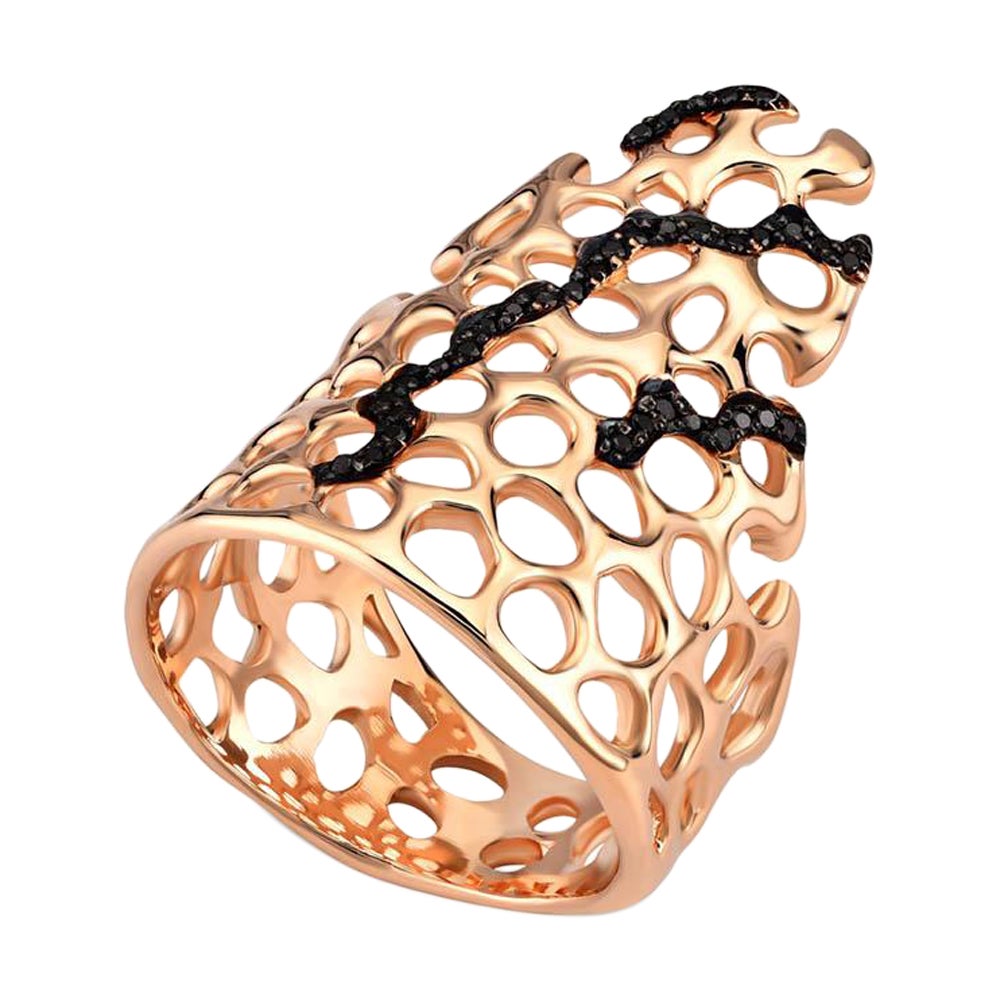 Black Diamond Waves Long Ring in Rose Gold by Selda Jewellery For Sale