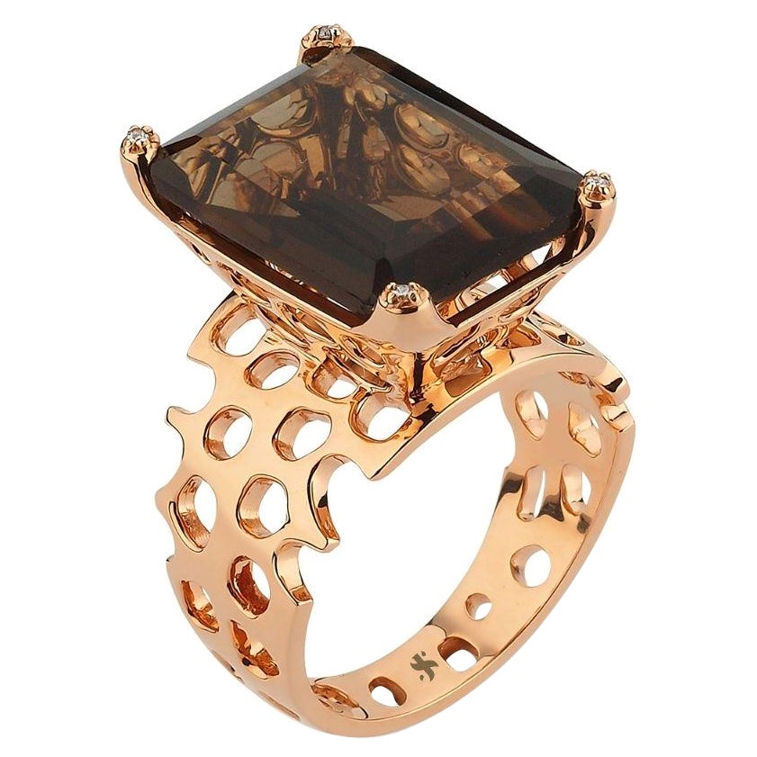 Smoky-Quartz Waves Ring in Rose Gold with Diamond by Selda Jewellery For Sale