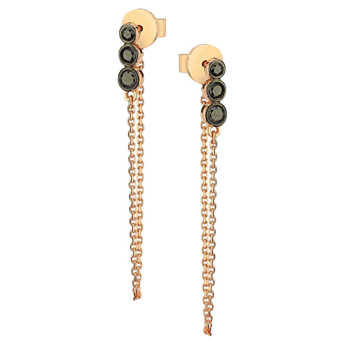 Three Black Diamond Chain Earring 'Single' with 14k Rose Gold by Selda Jewellery For Sale