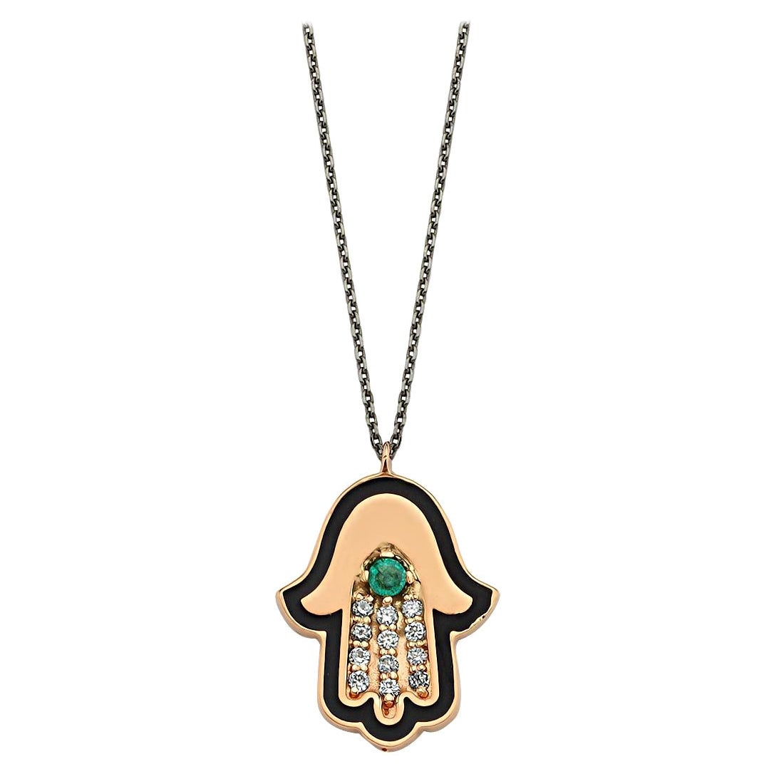 Emerald Hand of Fatima Necklace with Black Enamel by Selda Jewellery For Sale
