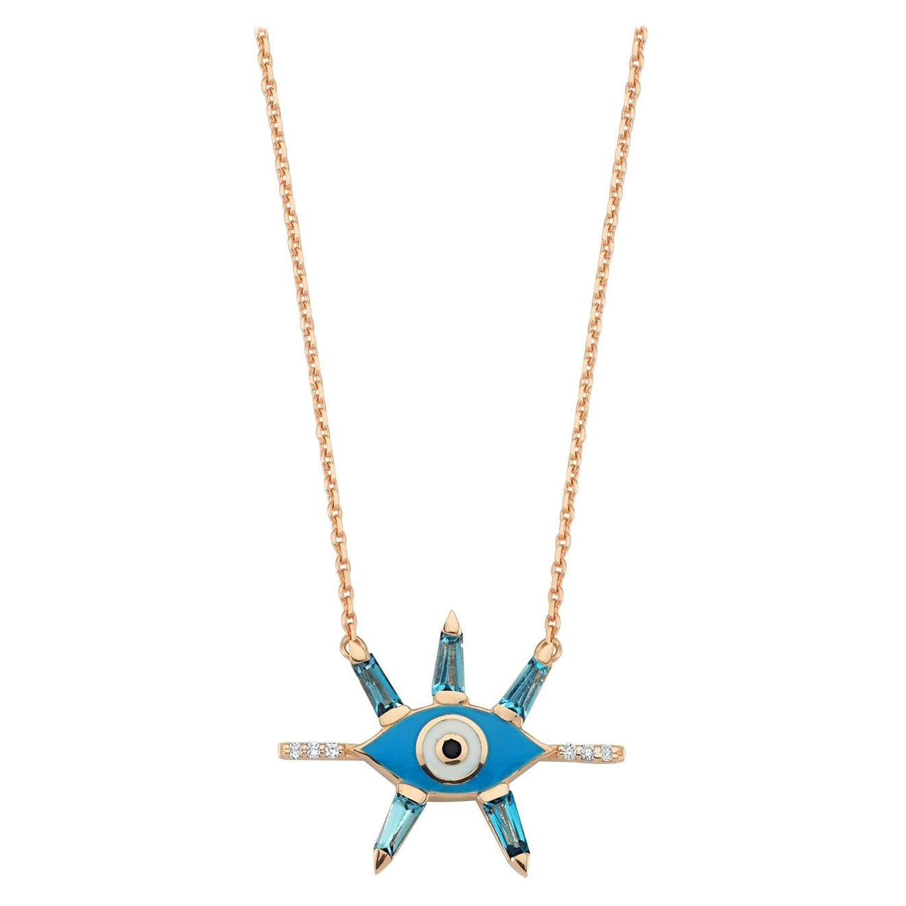 Evil Eye Necklace with Blue Topaz, Enamel and White Diamond by Selda Jewellery For Sale