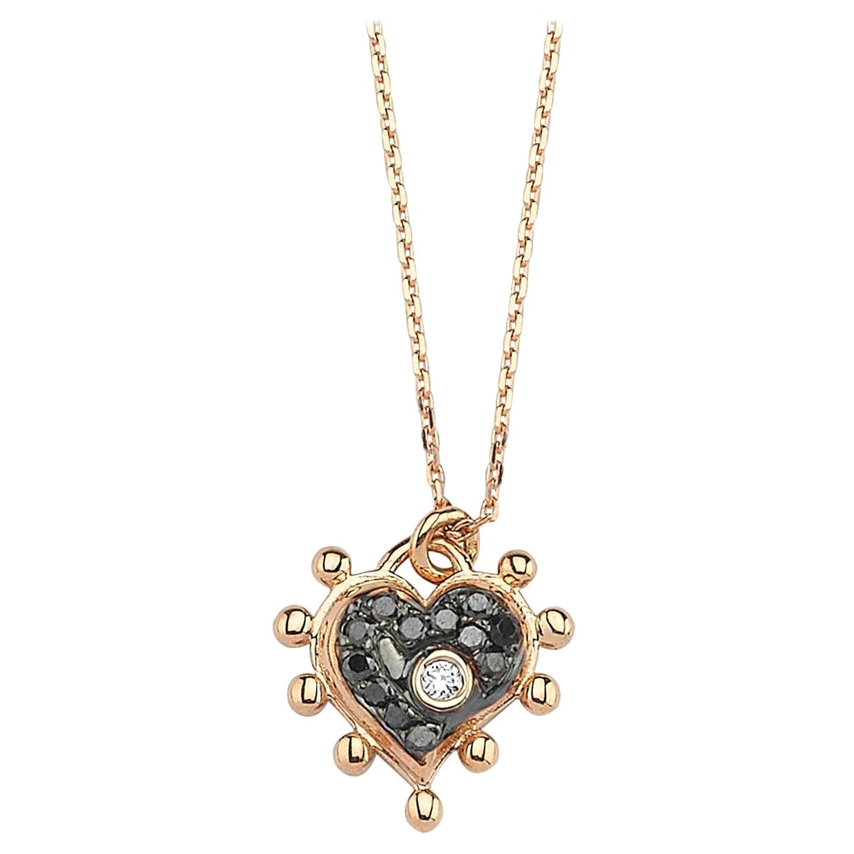 Selda Jewellery Collier en forme de cœur en or rose 14 carats avec diamants noirs et blancs en vente