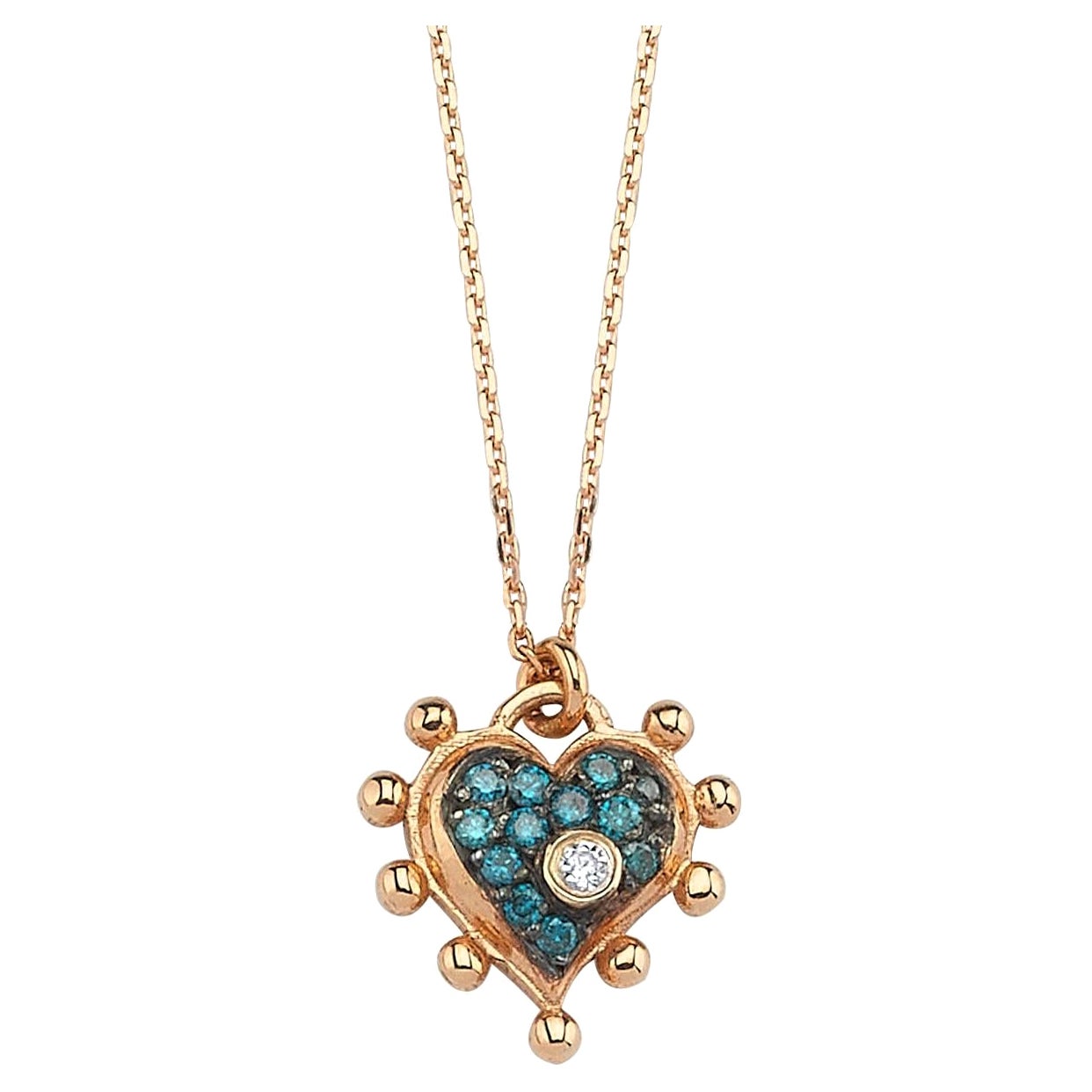 Heart Necklace in 14K Rose Gold with Blue and White Diamond by Selda Jewellery