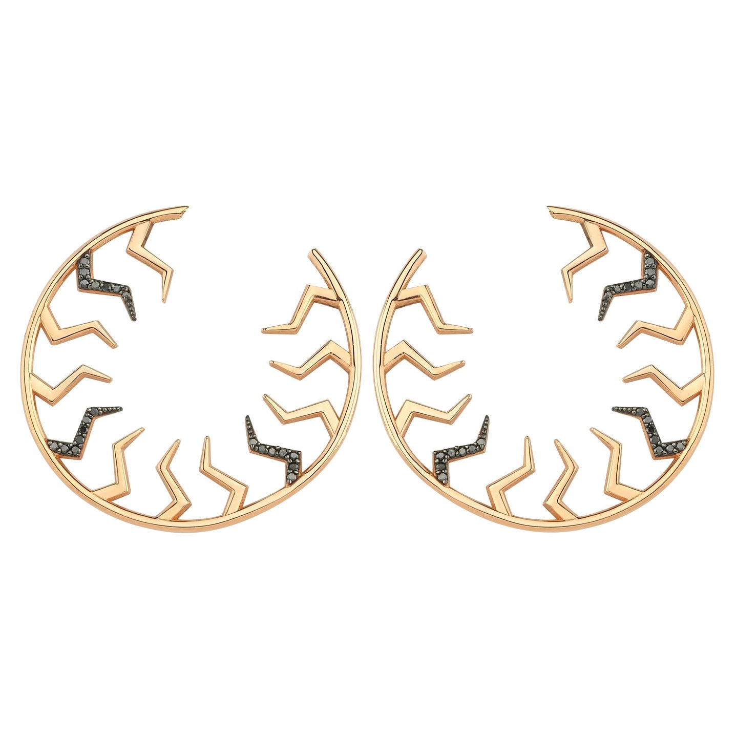 Black Diamond Lightning 14k Rose Gold Hoop Earrings by Selda Jewellery For Sale