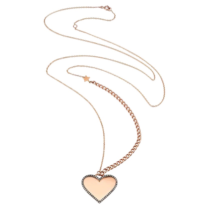 Selda Jewellery Heart Necklace in 14K Rose Gold with Retro Chain & White Diamond For Sale
