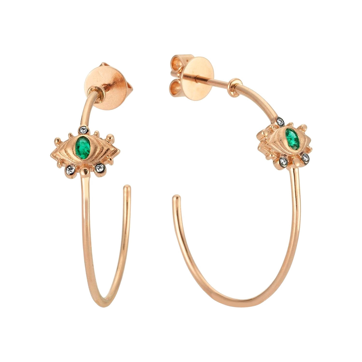 Dragon Eye Emerald Hoop Earrings in 14k Rose Gold by Selda Jewellery For Sale