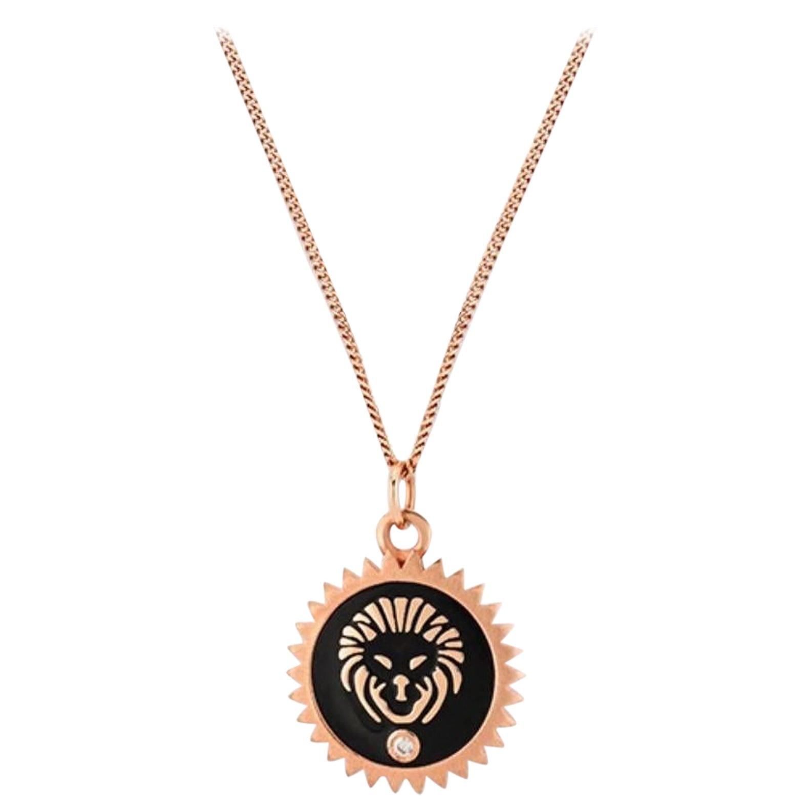 Selda Jewellery Leo Necklace in 14K Rose Gold with Black Enamel & White Diamond For Sale