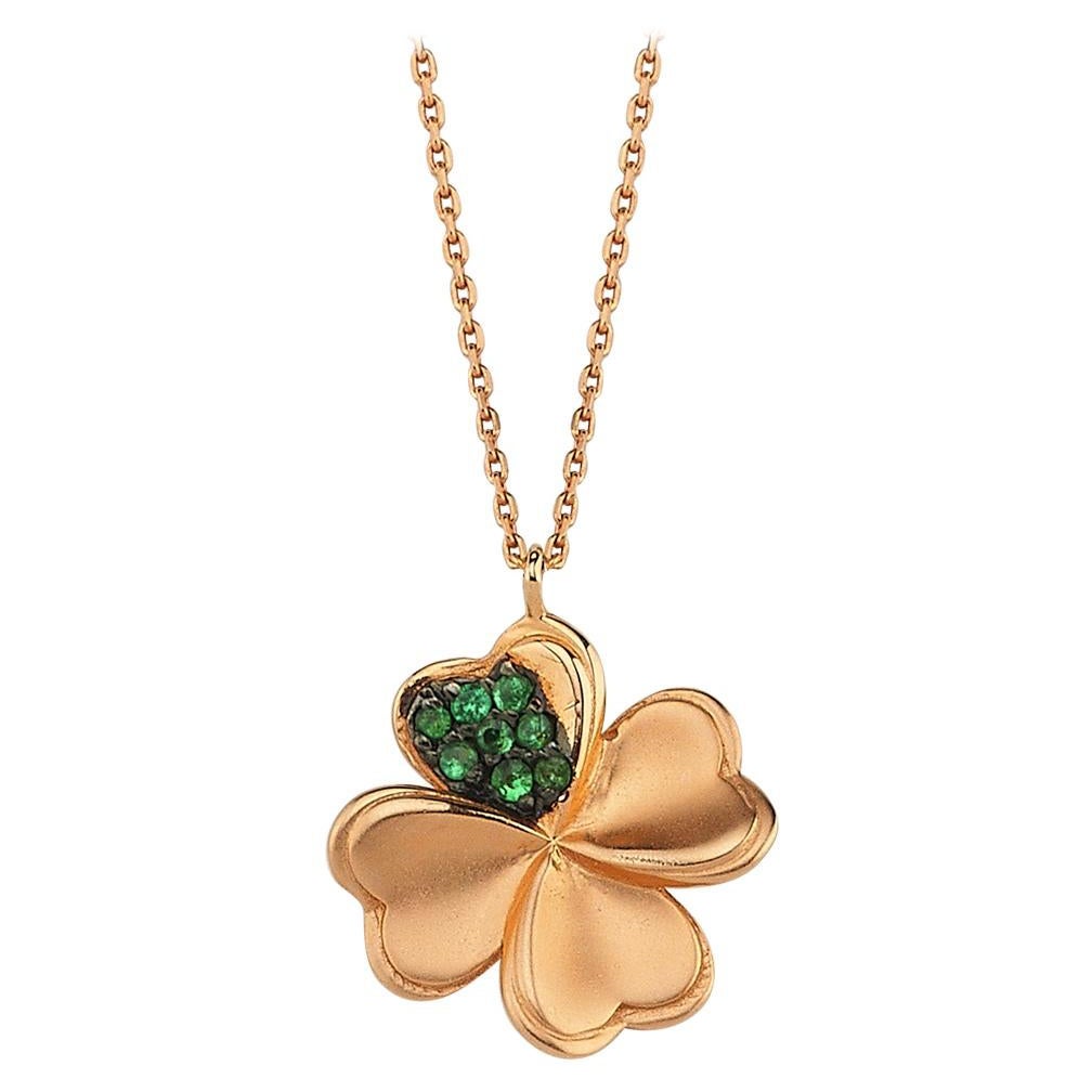 Clover Lucky Necklace in 14K Rose Gold with 0.03ct Tsavorite by Selda Jewellery For Sale