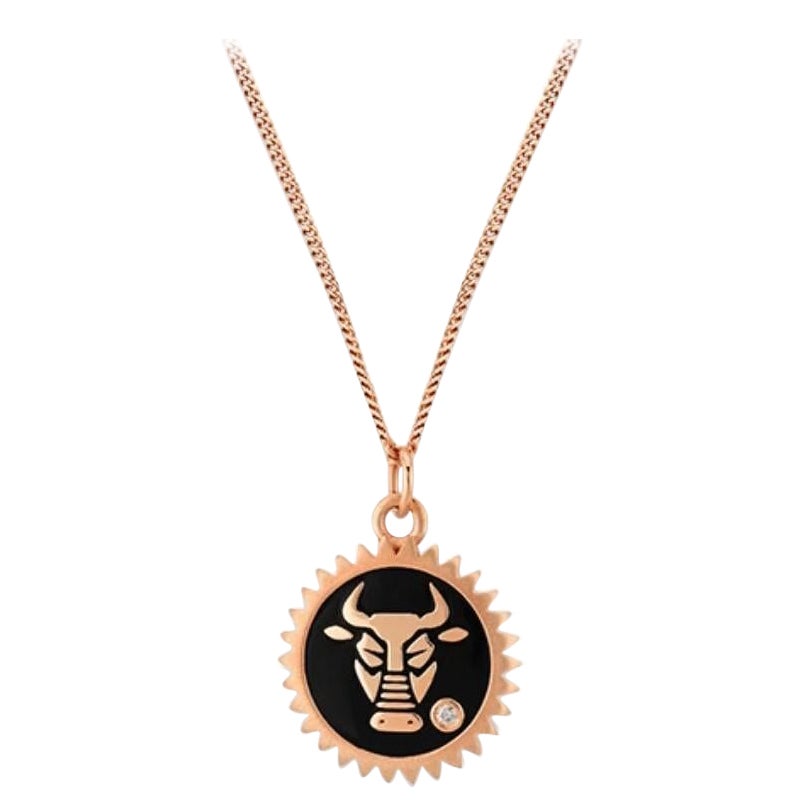 Taurus Rose Gold Necklace with Black Enamel & White Diamond by Selda Jewellery For Sale