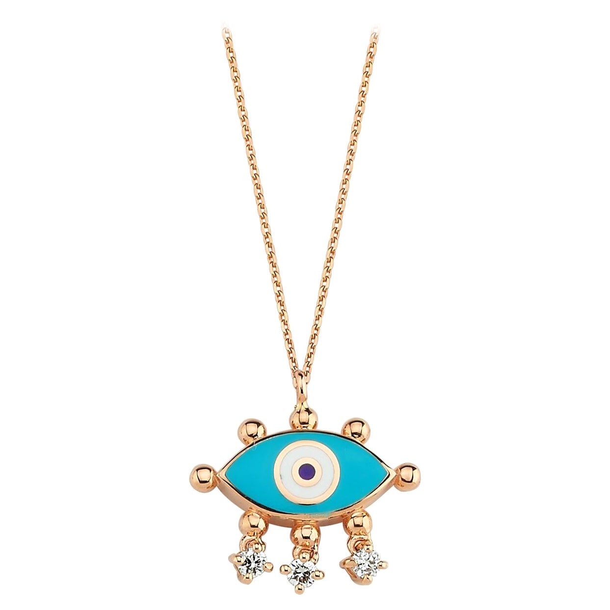 Turquoise Evil Eye Necklace in 14k Rose Gold with Diamond by Selda Jewellery For Sale