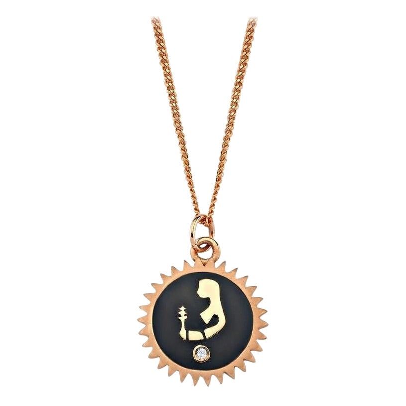 Virgo Rose Gold Necklace with Black Enamel & White Diamond by Selda Jewellery For Sale