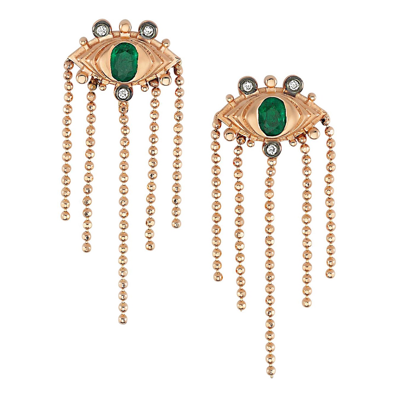 Dragon Eye Emerald Chain Earrings with 14k Rose Gold by Selda Jewellery