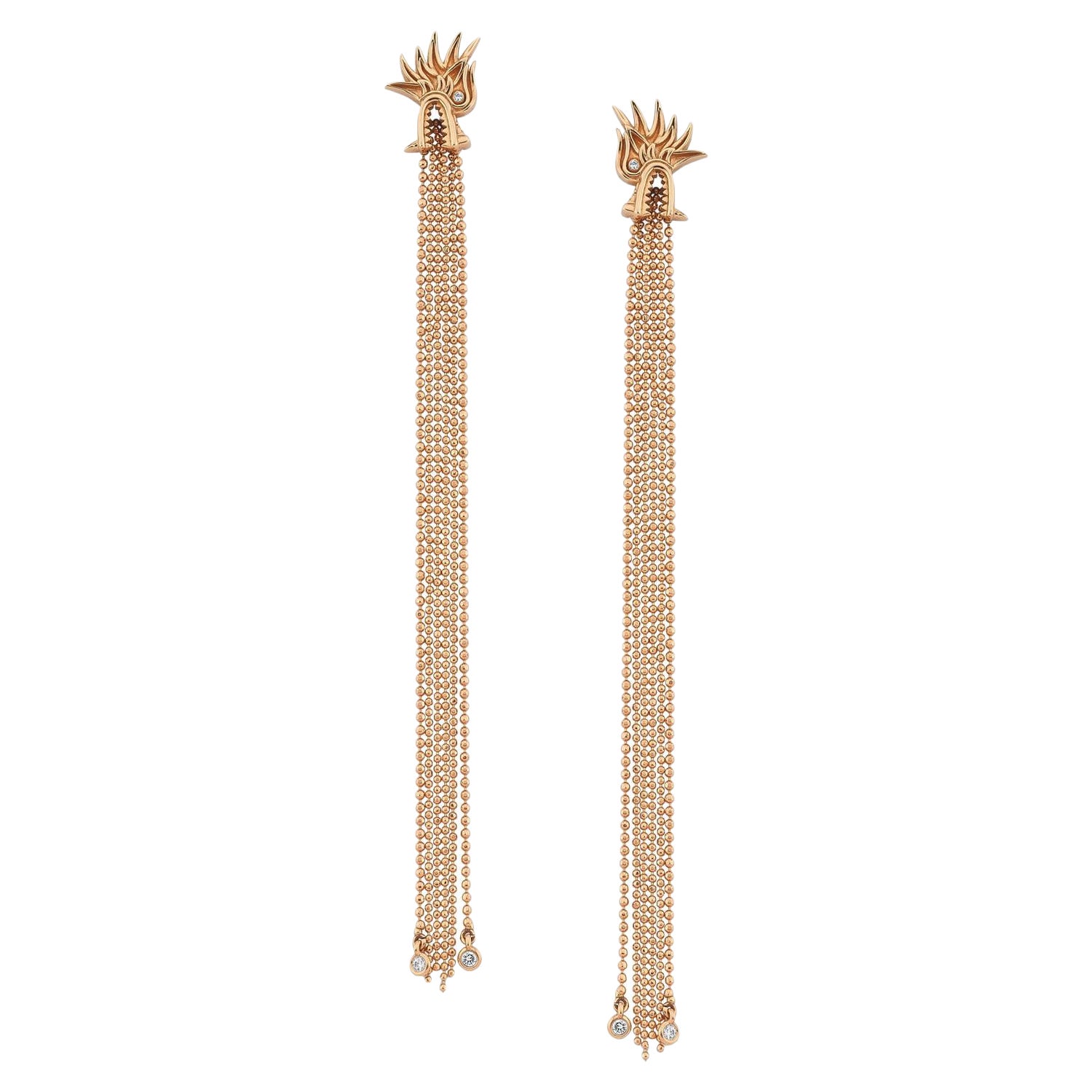 Dragon Lady Long 14k Rose Gold Chain Earrings with Diamonds by Selda Jewellery