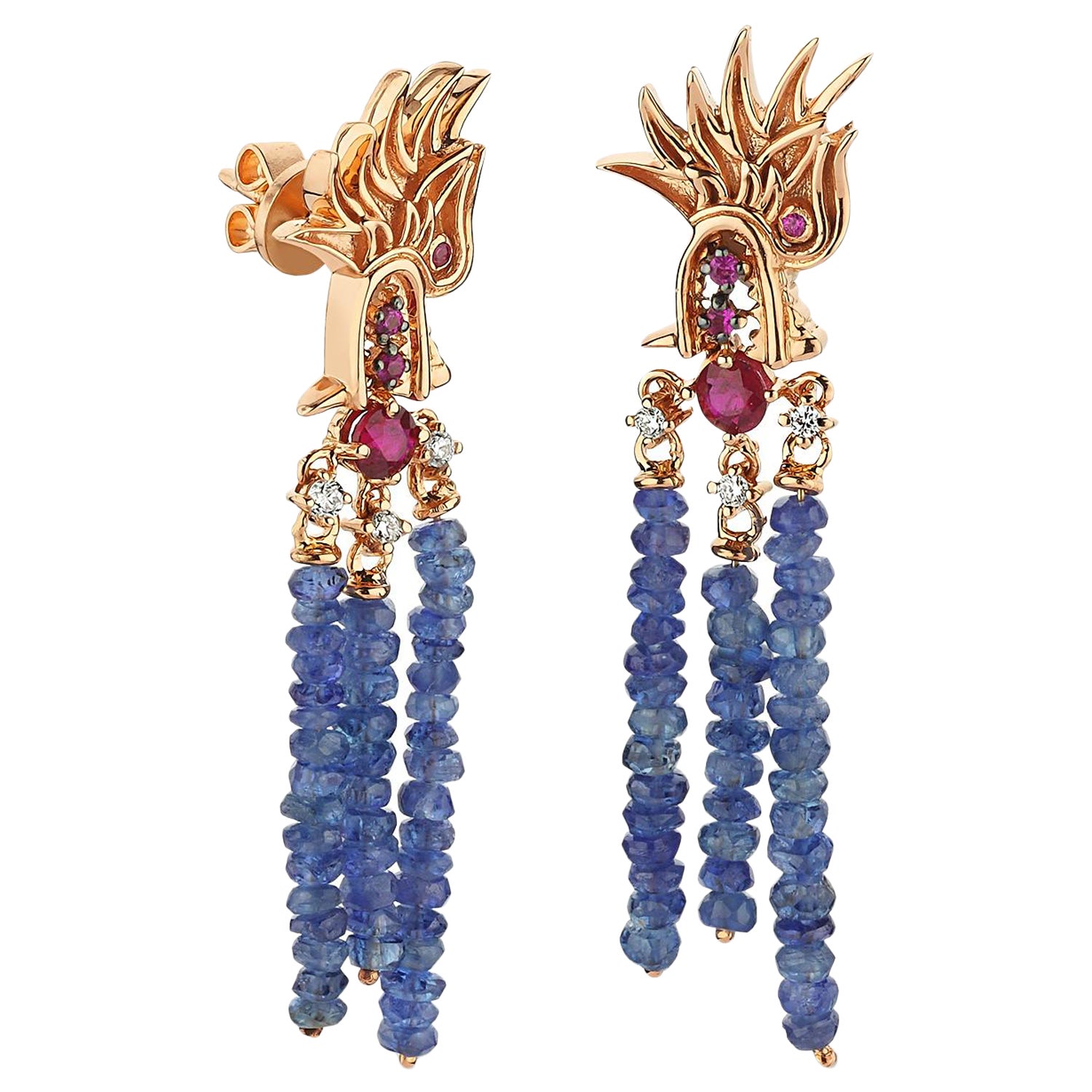 Pendientes Cortos Dama Dragón Rubí y Zafiro con Oro Rosa de 14k de Selda Jewellery en venta