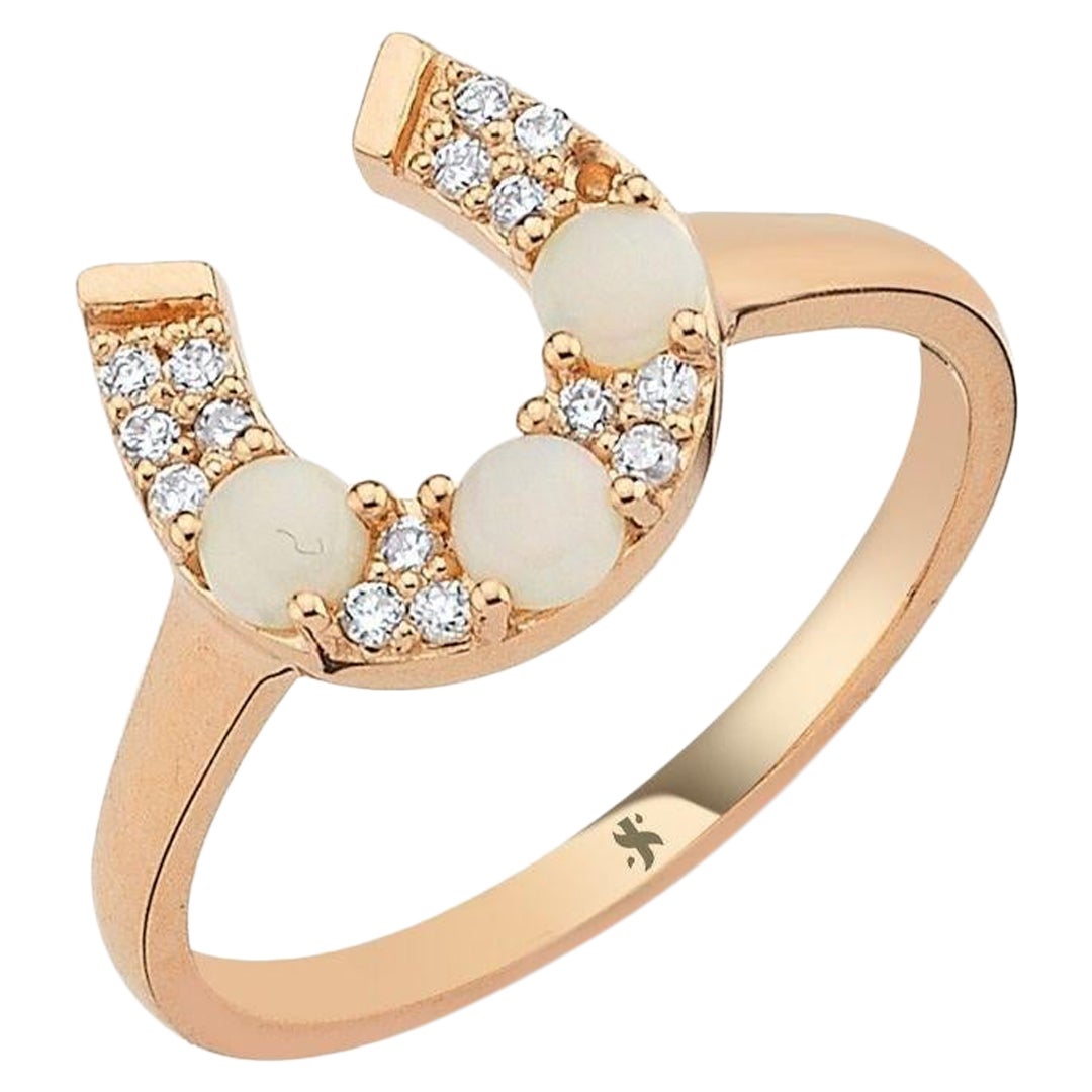 Horseshoe Ring in 14K Rose Gold with Diamond and White Opal by Selda Jewellery For Sale