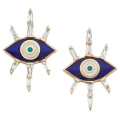 Evil Eye Stud Earrings with Navy Blue Enamel & Diamond