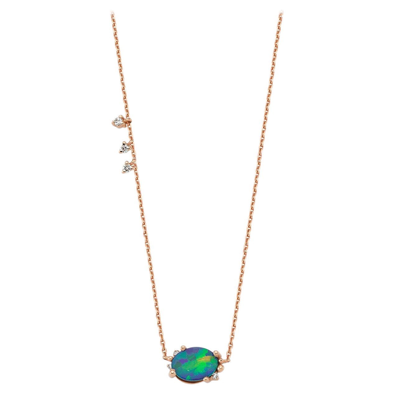 Onella 14k Rose Gold Necklace with White Diamond & Blue Opal For Sale