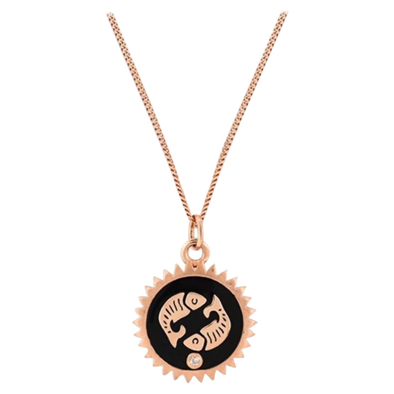 Pisces Necklace in 14K Rose Gold with Black Enamel & White Diamond For Sale