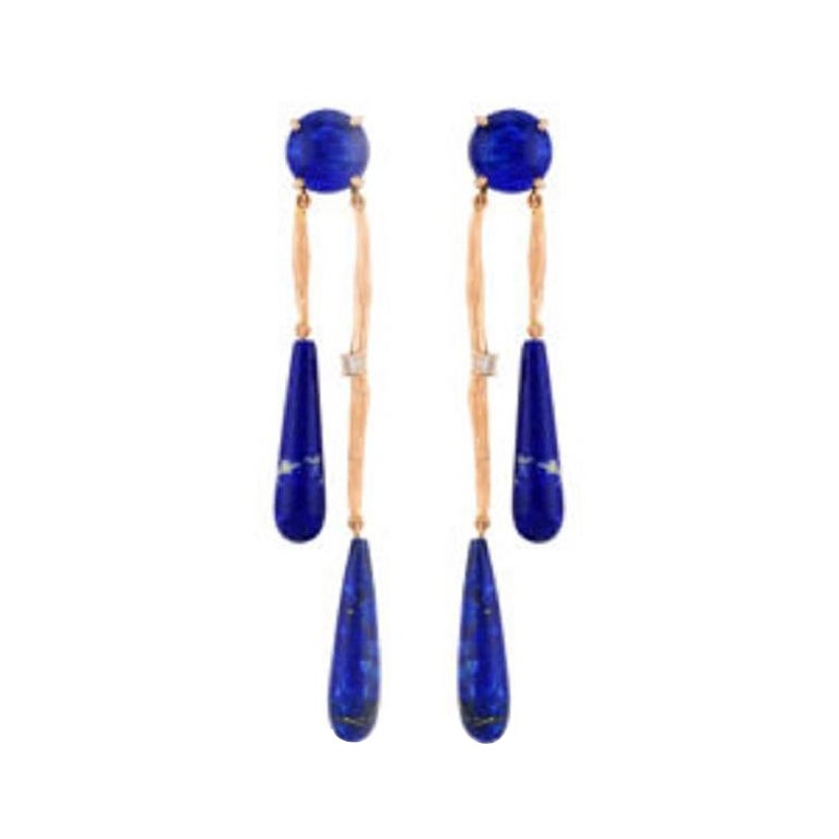 Helenka Lapis Dangle Rose Gold Earrings with White Diamond by Selda Jewellery