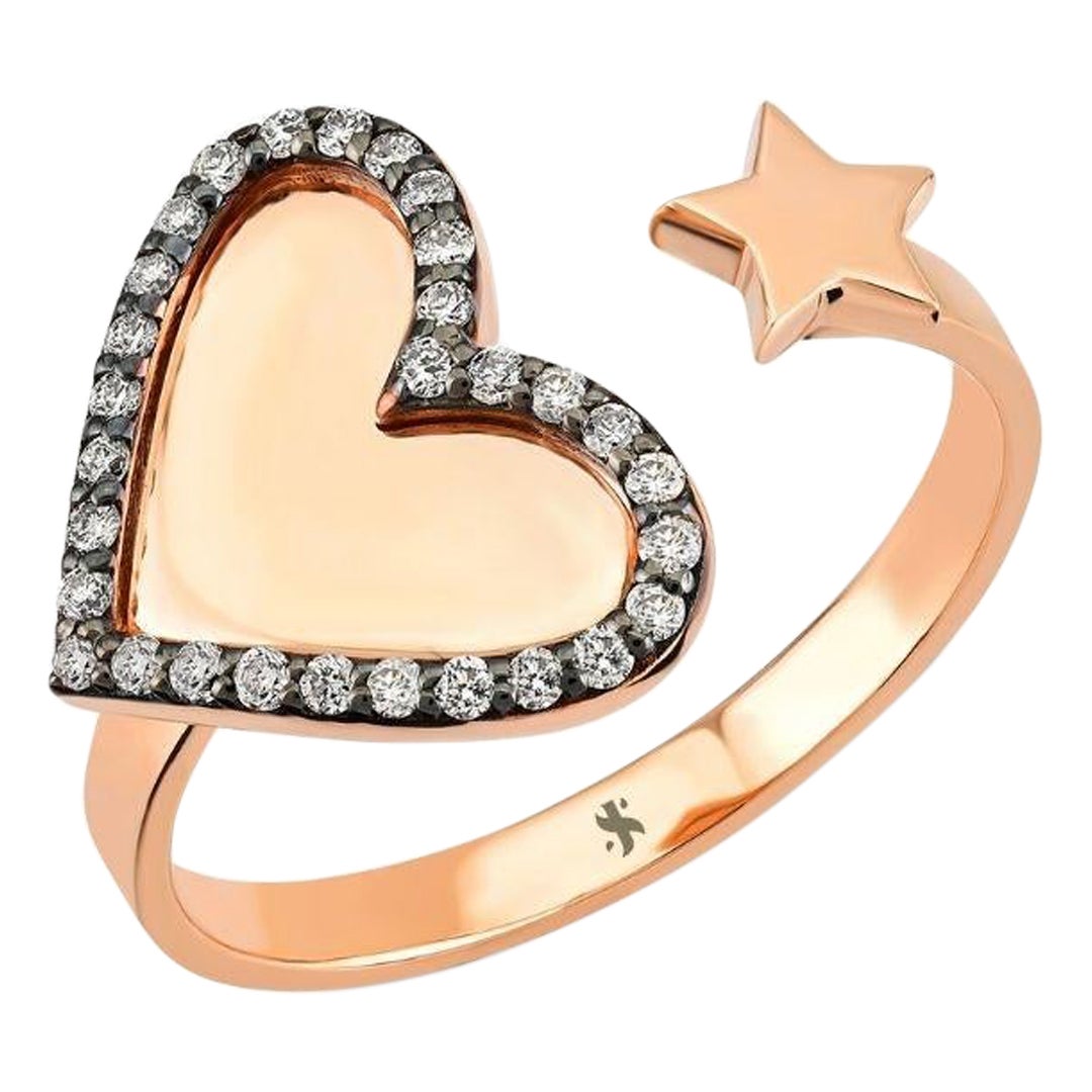 White Diamond Heart & Star Ring in 14K Rose Gold and Diamond by Selda Jewellery For Sale