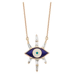 Evil Eye Necklace with Navy Blue Enamel and Tapered Diamond