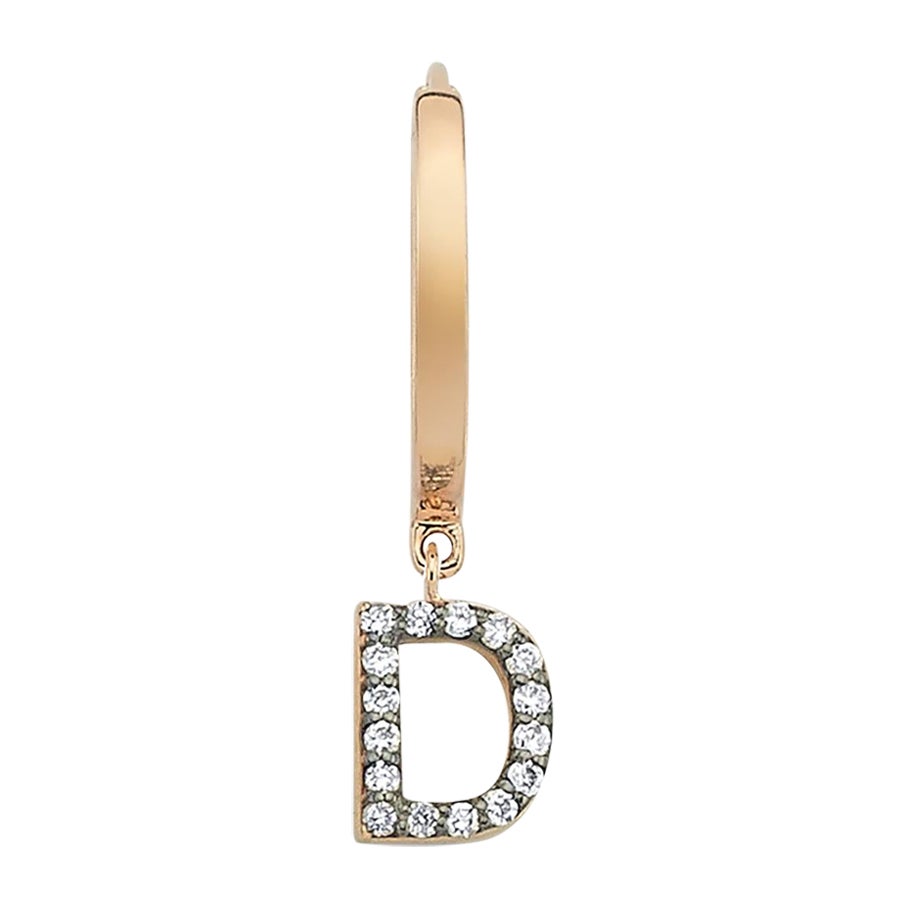 Letter D 'Single' 14k Rose Gold Earring with White Diamond For Sale
