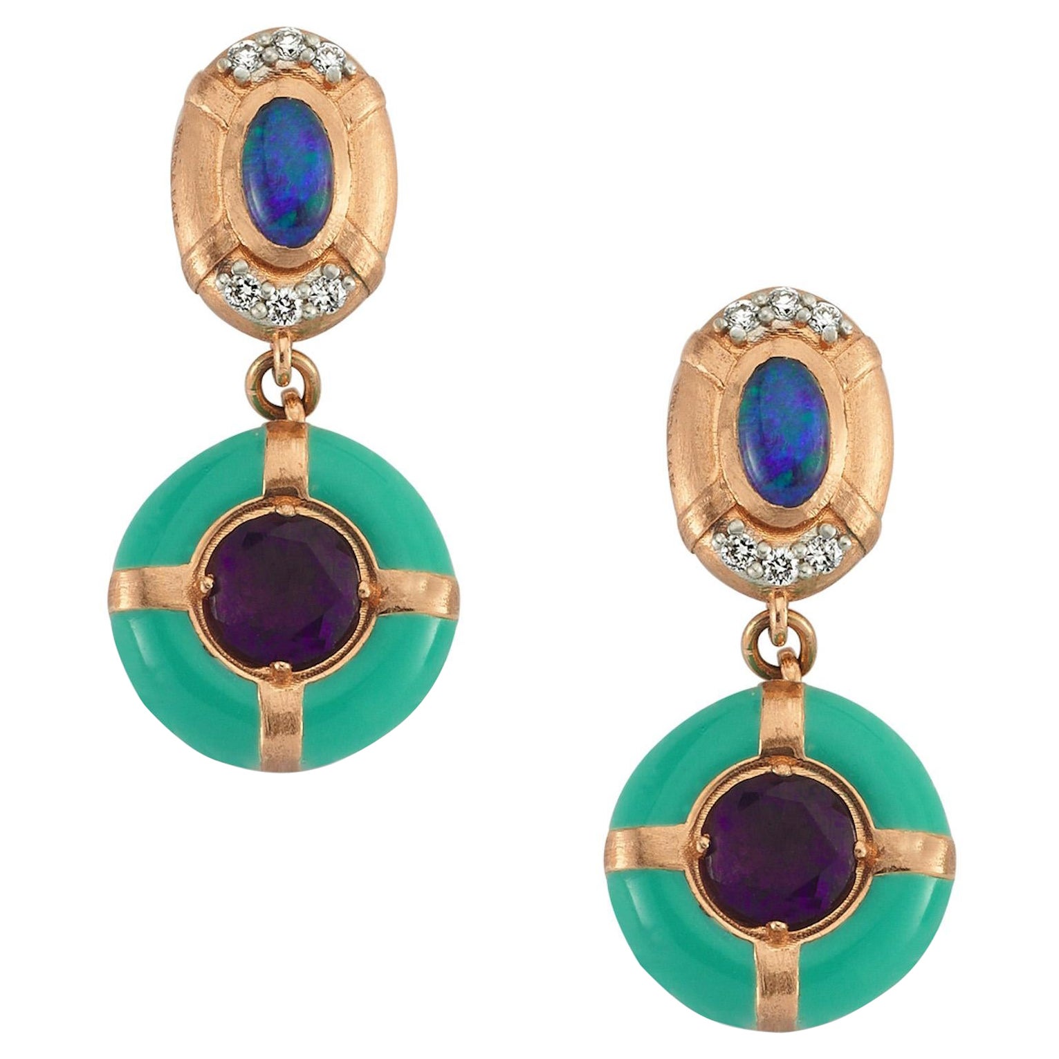 Maia 14k Rose Gold Earrings with Enamel & Amethyst by Selda Jewellery For Sale