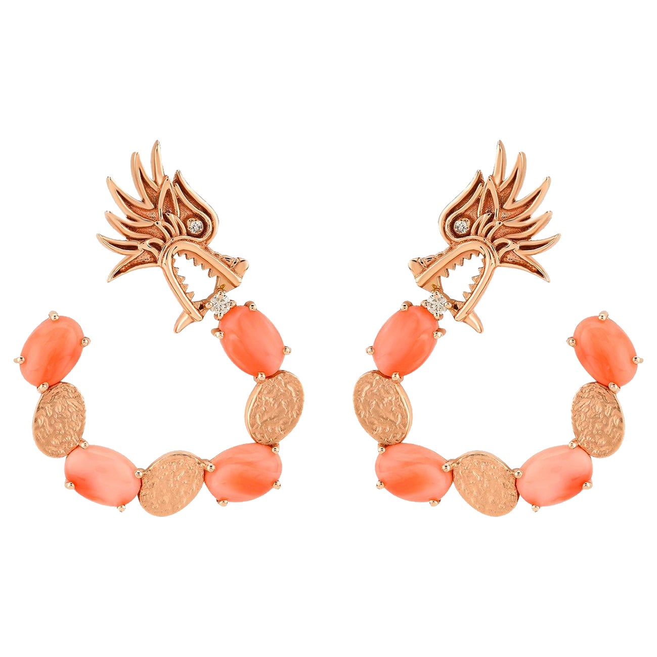 Melusine Coral Hoop 14k Rose Gold Earrings with Diamond For Sale