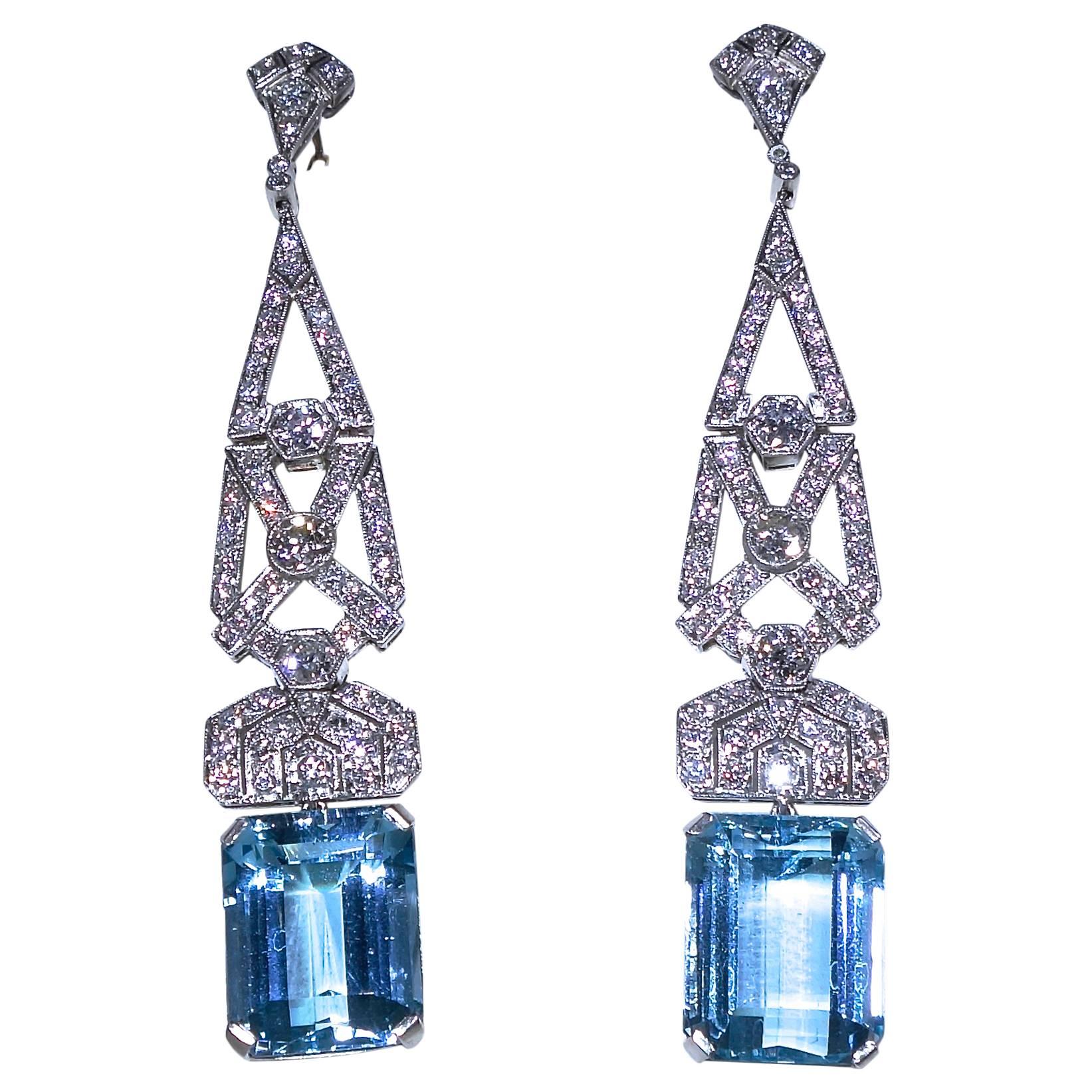  Art Deco Platinum, Diamond and Aquamarine Earrings