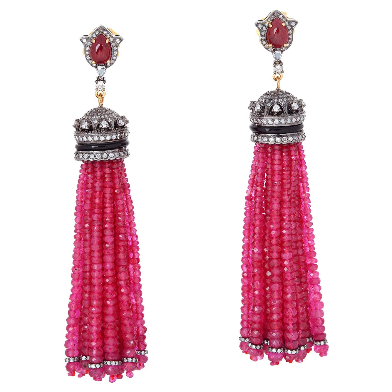 Ruby & Black Onyx Tassel Earring with Diamonds Made in 18k Gold & Silver For Sale