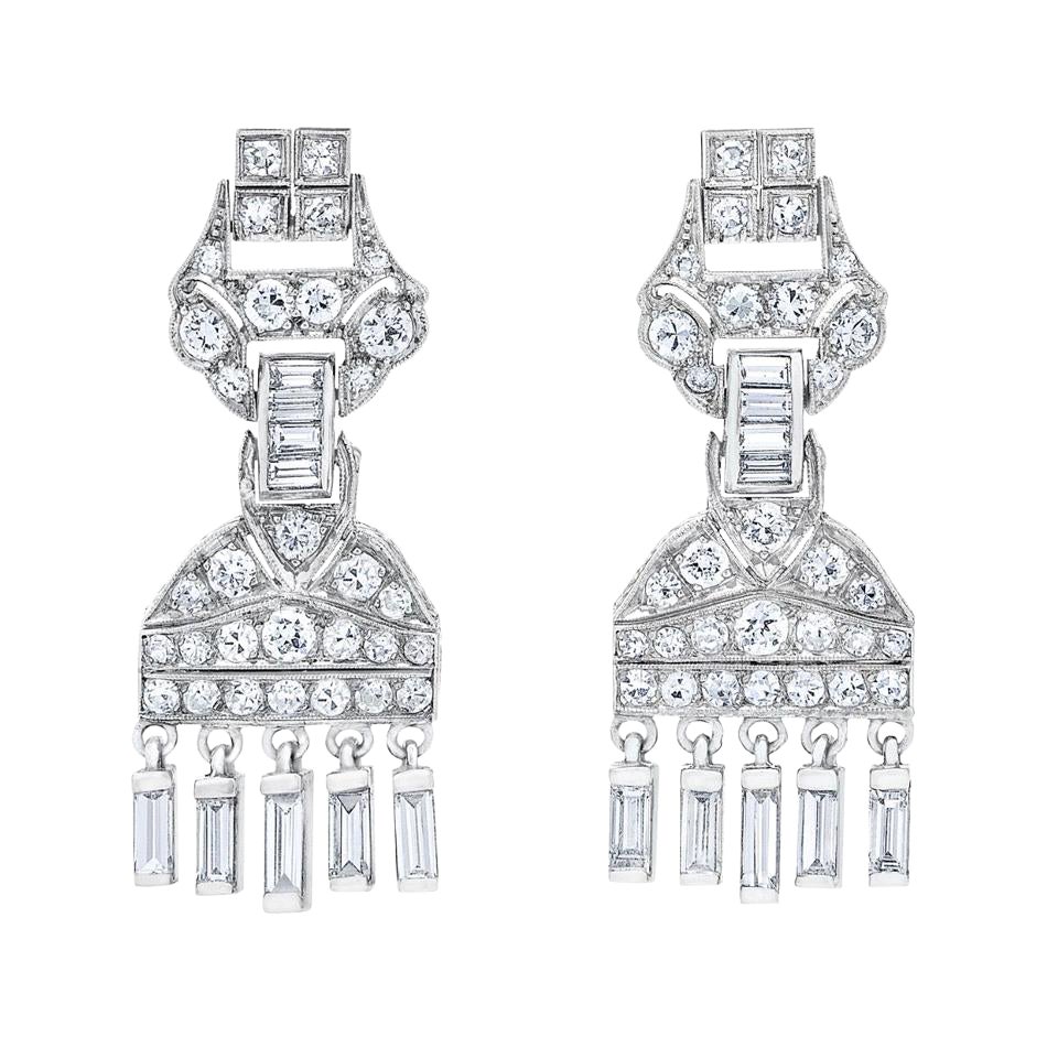 Mindi Mond 3 Carat Diamond Art Deco Platinum Chandelier Dangle Earrings For Sale