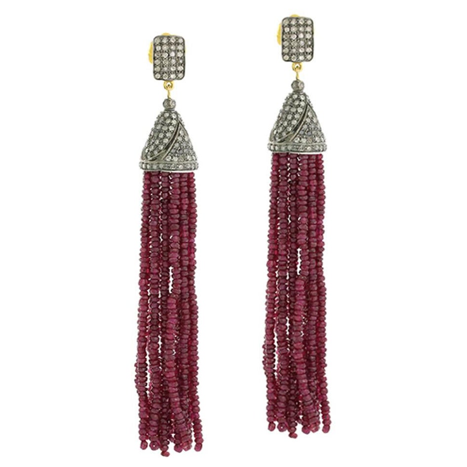 Ruby Tassel Dangle Earring with Diamonds Made in 18k Yellow Gold & Silver For Sale