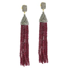 Ruby Tassel Dangle Earring with Diamonds Made in 18k Yellow Gold & Silver