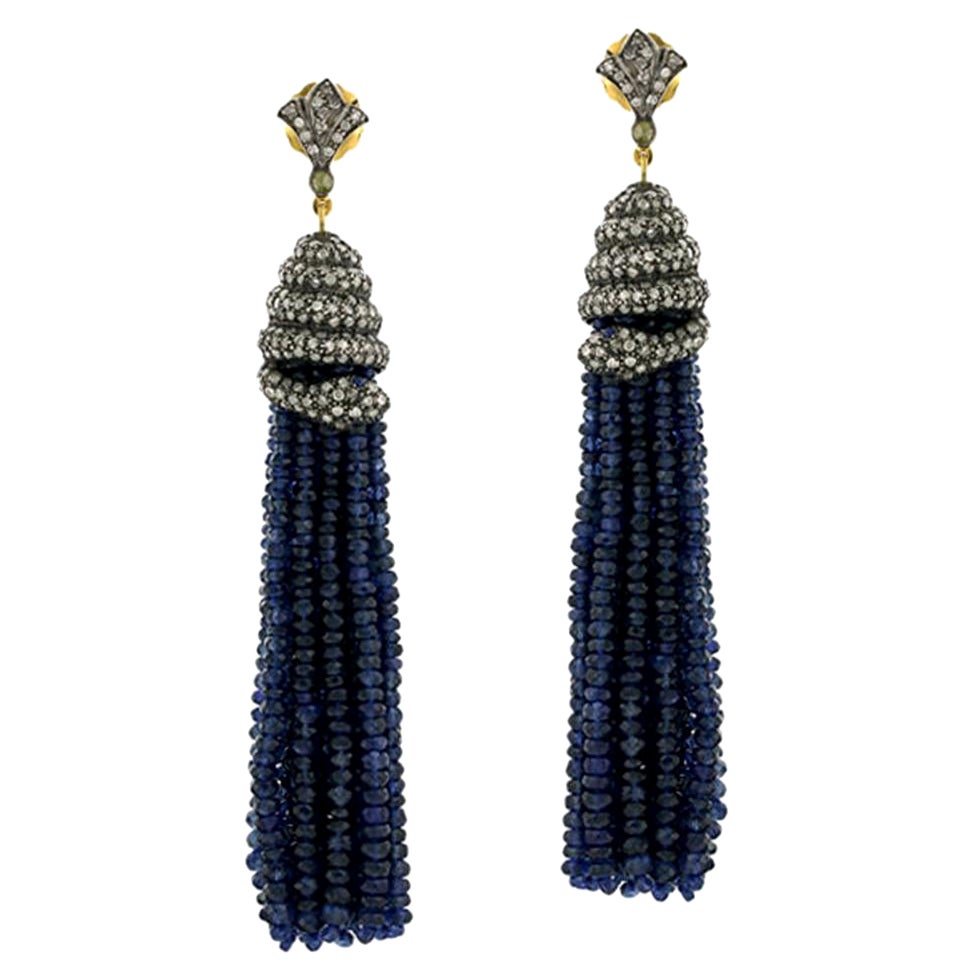 Blue sapphire Tassel Earring With Pave Diamonds In Snake Shape Setting For Sale