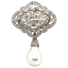 Edwardianische Brosche mit Diamanten und natürlichen Perlen aus 18-karätigem Gold mit Platinüberzug
