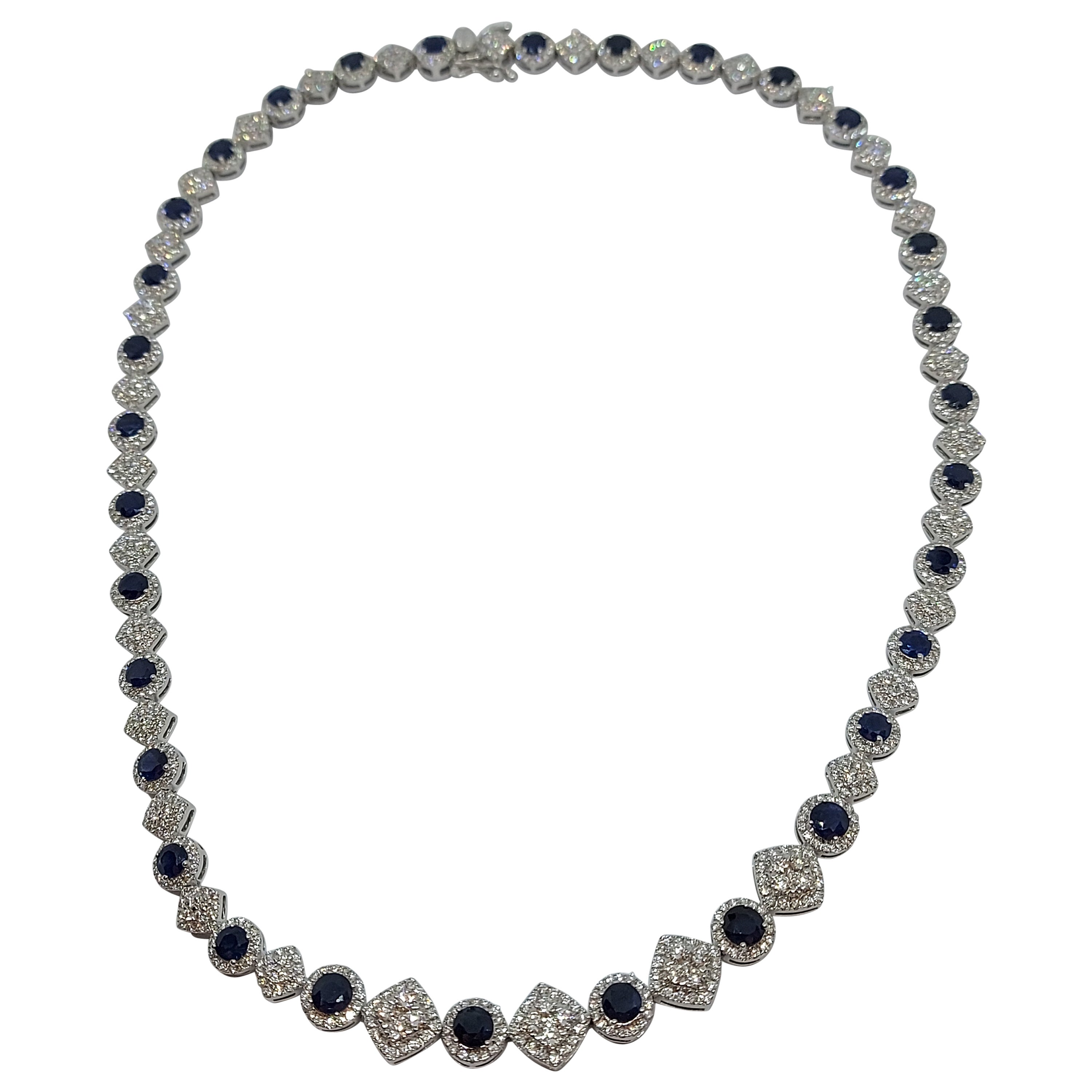 18kt White Gold 11.35ct Sapphire & 6.2 Ct Diamonds Tennis Necklace For Sale