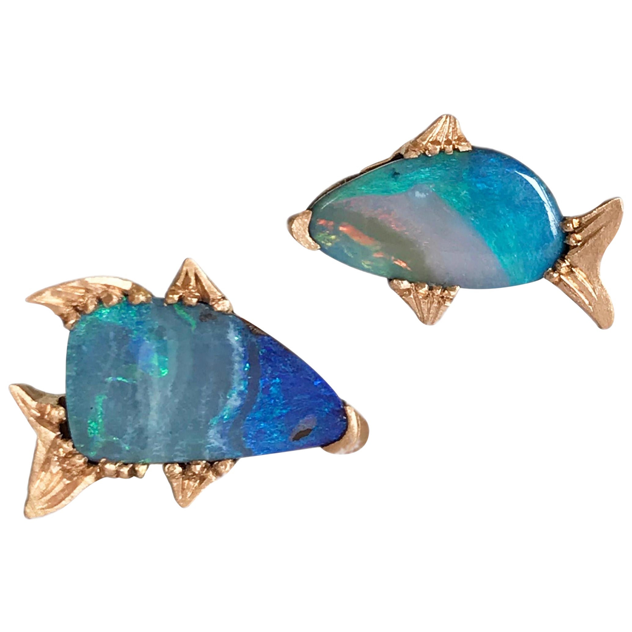 Dalben Fish Shape Australian Boulder Opal Rose Gold Earrings For Sale