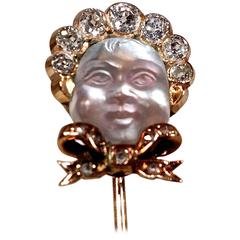1880s Antique Moonstone Diamond Gold Baby with a Bonnet  Stickpin 
