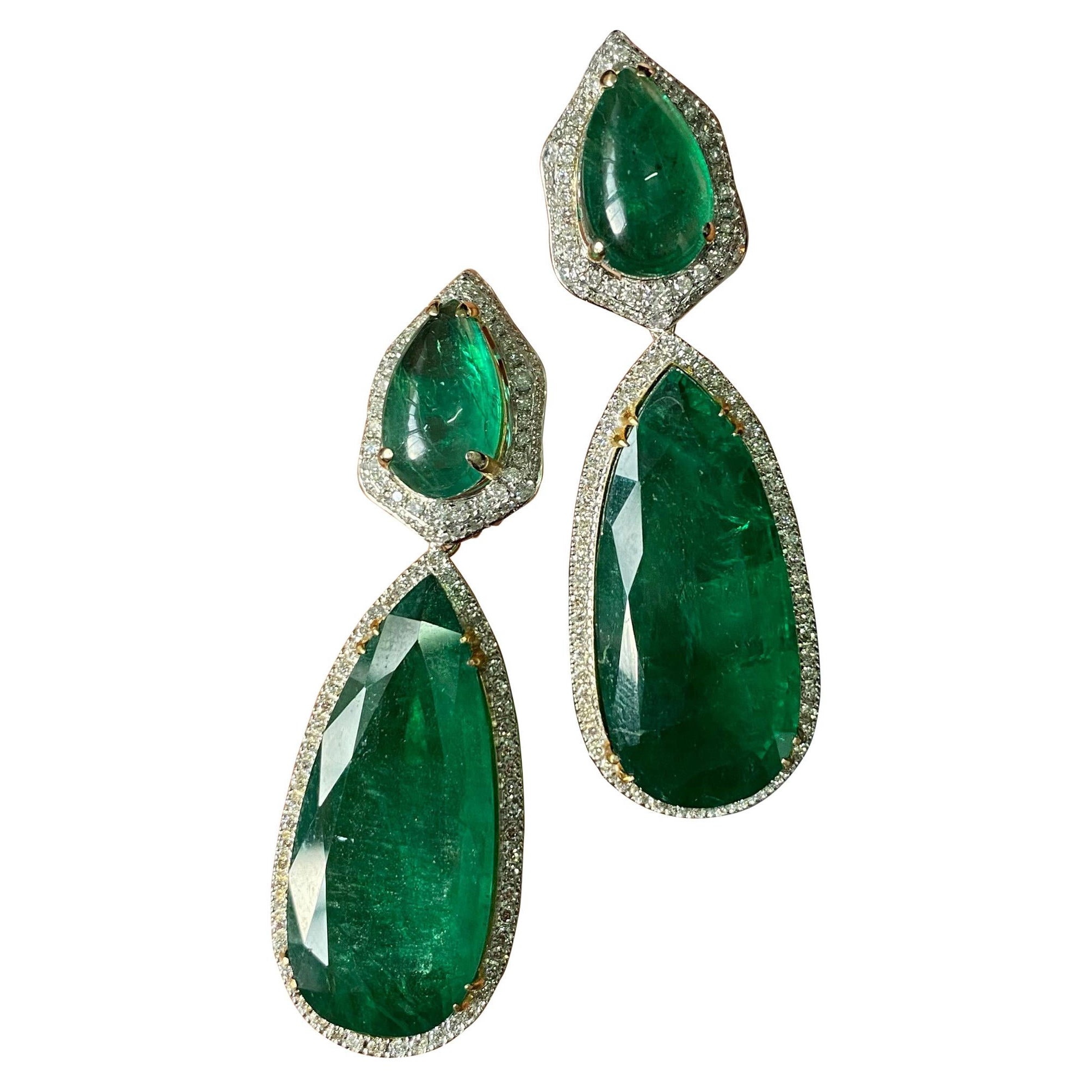 Certified 65.32 Carat Emerald and Diamond 18K White Gold Dangle Earring
