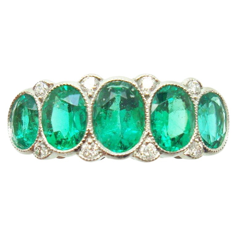 Fine Platinum Emerald Diamond Band Ring For Sale